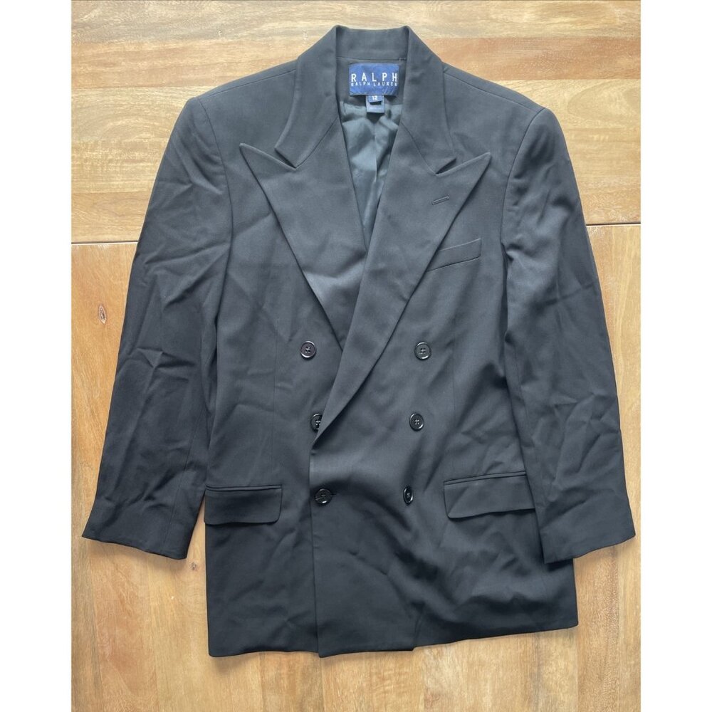 Vintage Ralph Lauren Double Breasted Blazer Womens Size 12 Wool/Rayon Black USA